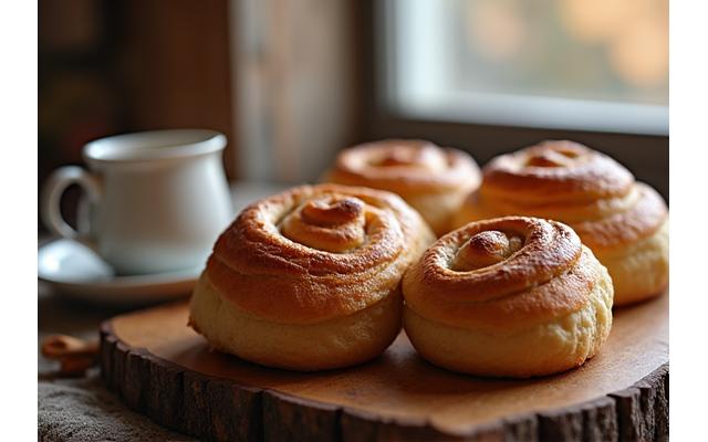 En hjertevarmende scene med nybakte kanelboller som dampet lett, arrangert på et rustikt trebrett med en kopp kaffe i bakgrunnen, skaper en koselig stemning.
