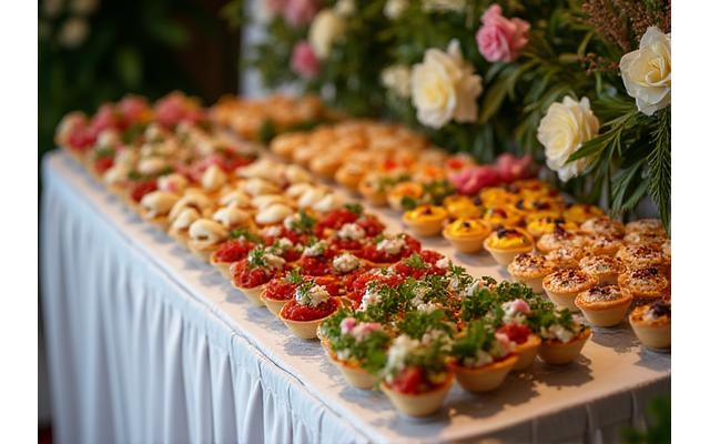 Et overdådig buffetbilde med et bredt utvalg av ferske, fargerike retter, vakkert presentert for en cateringhendelse, med fokus på friskhet og variasjon.